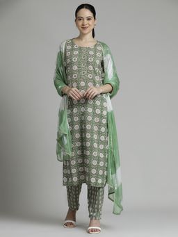 Jaipur Kurti - Ethnic Floral Printed Pure Cotton Kurta and Pant with Dupatta (Set of 3)