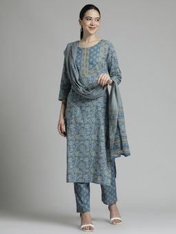 Jaipur Kurti - Ethnic Printed Cotton Kurta and Pant Dupatta (Set of 3)