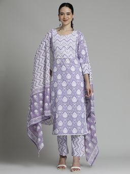Jaipur Kurti - Lavender Ethnic Printed Cotton Kurta and Pant Dupatta (Set of 3)