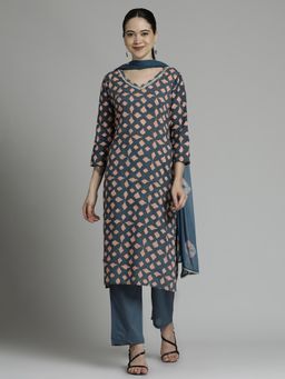 Jaipur Kurti - Floral Printed Kurta and Pant Tie-Dye Dupatta (Set of 3)