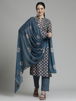 Jaipur Kurti - Abstract Printed Kurta and Pant Tie-Dye Dupatta (Set of 3)