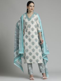 Jaipur Kurti - Floral Printed Cotton Kurta and Pant with Dupatta (Set of 3)