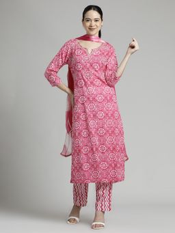 Jaipur Kurti - Ethnic Printed Cotton Pink Kurta and Pant Dupatta (Set of 3)