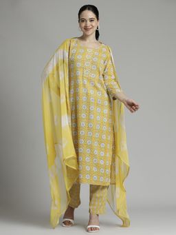 Jaipur Kurti - Yellow Ethnic Motif Cotton Kurta and Pant Dupatta (Set of 3)