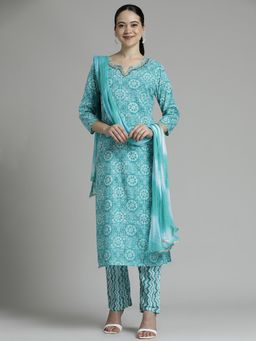 Jaipur Kurti - Pure Cotton Printed Sky Blue Kurta and Pant with Dupatta (Set of 3)