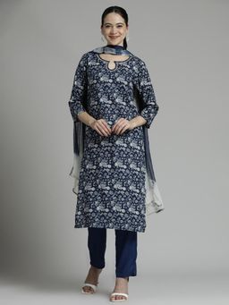 Jaipur Kurti - Floral Printed Cotton Blue Kurta and Pant with Dupatta (Set of 3)