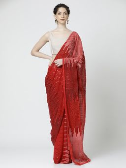 Jaipur Kurti - Georgette Sequin Embroidered Party Wear Red Saree with Unstitched Blouse