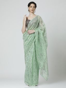 Jaipur Kurti - Sequin Embellished Georgette Saree with Unstitched BlouseGreen
