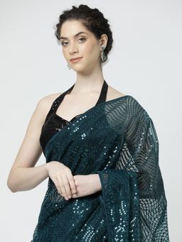 Jaipur Kurti - Sequin Embellished Georgette Saree with Unstitched BlouseTeal