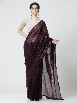 Jaipur Kurti - Sequin Embellished Georgette Saree with Unstitched BlousePurple