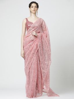 Jaipur Kurti - Sequin Embellished Georgette Saree with Unstitched BlousePink