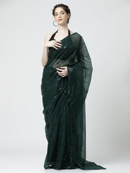 Jaipur Kurti - Sequin Embellished Georgette Saree with Unstitched BlouseGreen