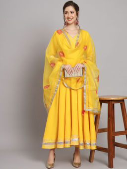 Meeranshi - Womens Solid Yellow Angarkha Flared Kurta-Pants & Floral Print Dupatta (Set of 3)