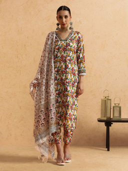 STYLEBAAZI - Floral Embroidered Straight Pure Cotton Kurta & Pant With Dupatta (Set of 3)