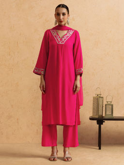 STYLEBAAZI - Floral Embroidered A-Line Kurta & Pant With Dupatta (Set of 3)