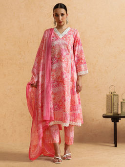 STYLEBAAZI - Floral Embroidered Straight Pure Cotton Kurta & Pant With Dupatta (Set of 3)