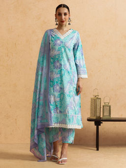 STYLEBAAZI - Floral Embroidered Straight Pure Cotton Kurta & Pant With Dupatta (Set of 3)