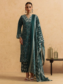 STYLEBAAZI - Floral Printed Straight Pure Cotton Kurta & Pant With Dupatta (Set of 3)