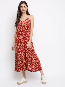Fabindia - Maroon Viscose Kalamkari Printed Midi Dress