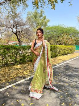 Odette - Green Organza Embroidered Saree with Unstitched Blouse