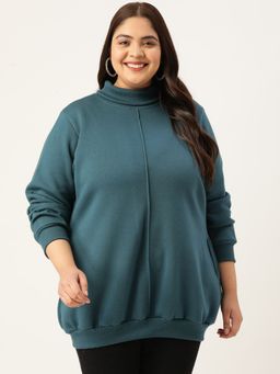 theRebelinme - Women Teal Blue Solid Color Turtle Neck Sweatshirt with Pleated Detail