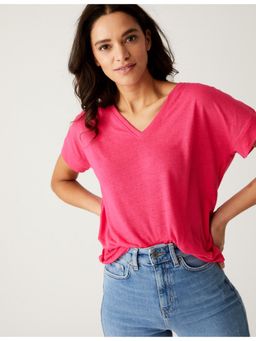 Marks & Spencer - Fucshia Linen Rich V-Neck T-Shirt
