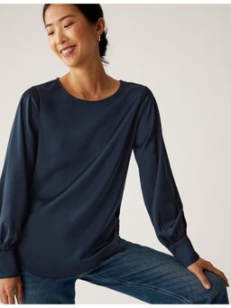 Marks & Spencer - Navy Satin Round Neck Long Sleeve Top