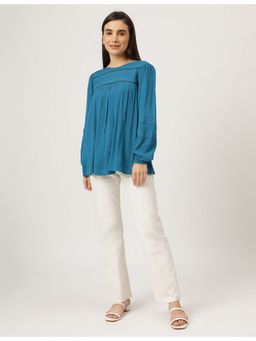 Marks & Spencer - Blue Pure Viscose Embroidered Round Neck Top