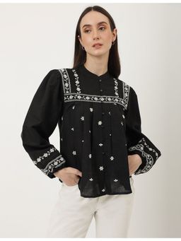 Marks & Spencer - Black Linen Mix Embroidered Mandarin Collar Top
