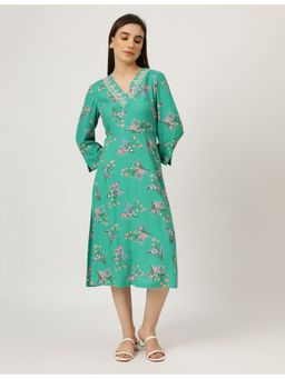Marks & Spencer - Green Linen Mix Floral Print V-Neck Dress