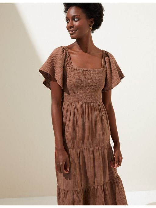 Buy Marks & Spencer Brown Pure Cotton Square Neck Midi Beach Dress Online
