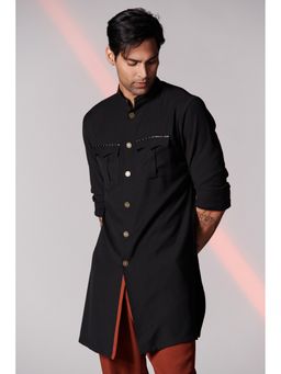 S&N by Shantnu Nikhil - Black Shirt Kurta with Contrast Embroidered Tape