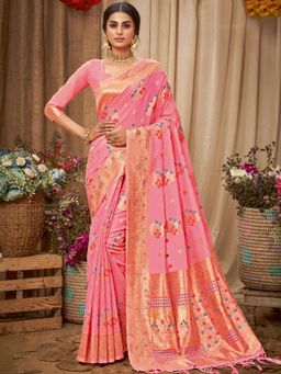 Odette - Pink Heavy Zari Woven Cotton Saree with Unstitched Blouse