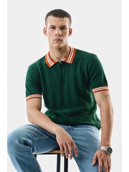 Snitch - Green Textured Half Sleeves Regular Casual Polo T-Shirt for Men