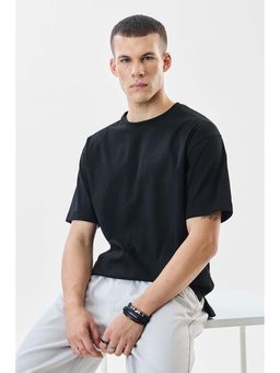 Snitch - Black Textured Half Sleeves Oversized Casual T-Shirt for Men