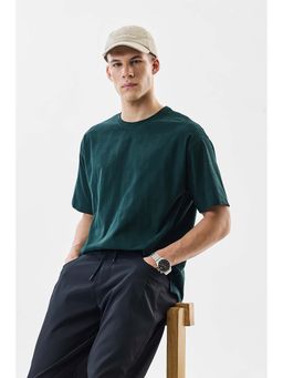 Snitch - Dark Green Self-Design Half Sleeves Oversized Casual T-Shirt for Men