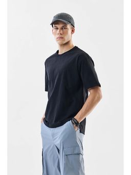 Snitch - Black Self-Design Half Sleeves Oversized Casual T-Shirt for Men