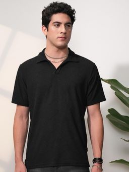 LOCOMOTIVE - Black Men Premium Terry Towel Relaxed Fit Open Collar Polo T-Shirt