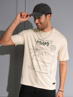LOCOMOTIVE - Cream Premium Cream-Colored Drop Shoulder Sleeves Relaxed T- Shirt