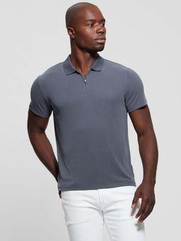 Guess - Grey Shadow Blue Collar Neck Ribbed Polo T-Shirt