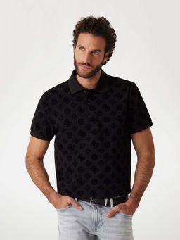 Guess - Jet Black Round Neck Printed Polo T-Shirt