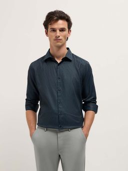 The Bear House - Mens Blue Tailored Fit Textured Formal Shirt