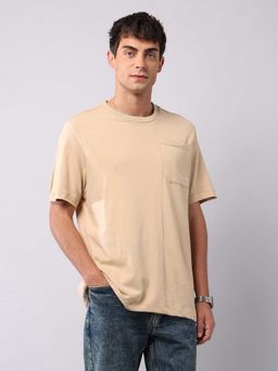 U.S. Polo Assn. Denim Co. - Beige Mens Solid Pure Cotton T-Shirt