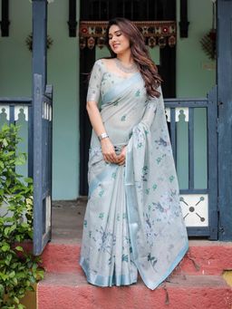 ALMAARI FASHION - Grey Linen Floral Printed Tassels Saree with Unstitched Blouse
