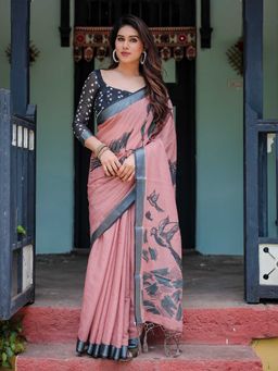 ALMAARI FASHION - Pink Linen Printed and Tassel Edges Saree with Unstitched Blouse