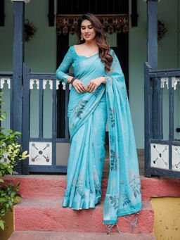 ALMAARI FASHION - Blue Linen Floral Print and Designer Tassels Saree with Unstitched Blouse