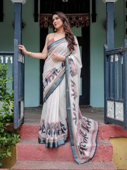 ALMAARI FASHION - Beige Printed Linen Weave Saree with Unstitched Blouse