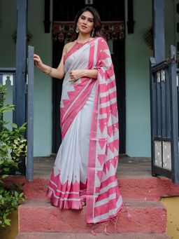 ALMAARI FASHION - Grey Linen Tassel Detailing Printed Saree with Unstitched Blouse