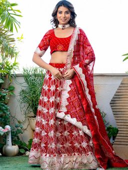 Pretty Pallu - Royal Bloom Red Embroidered Lehenga with Blouse and Dupatta (Set of 3)
