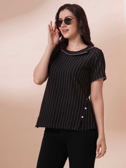 Kami Kubi - Black Stripes Embroidered Round Neck Comfortable Top